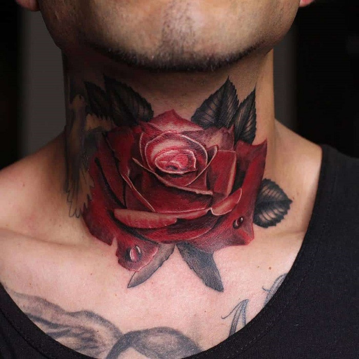 Brush stroke style rose neck tattoo, resembling ink brush painting, artistic and expressive.