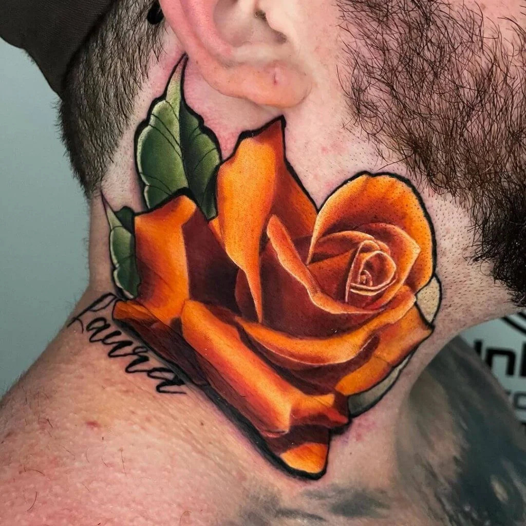 Heart and rose tattoo on the neck, a direct symbol of love, passion, and affection.