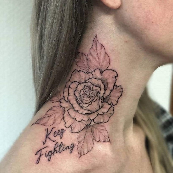 Vibrant watercolor style rose tattoo on the neck with blended colors of pink, purple, and green.