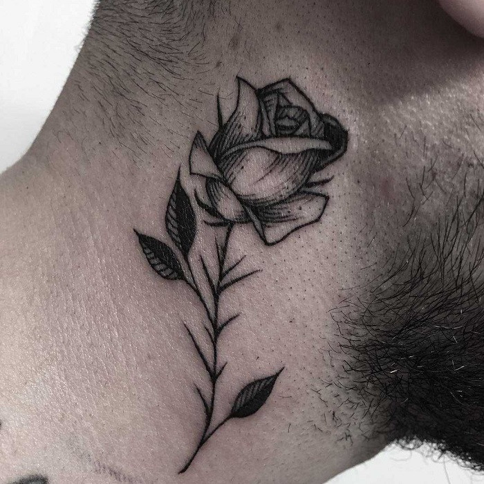 Realistic pink rose tattoo on the throat with water droplets, showcasing depth and detail.