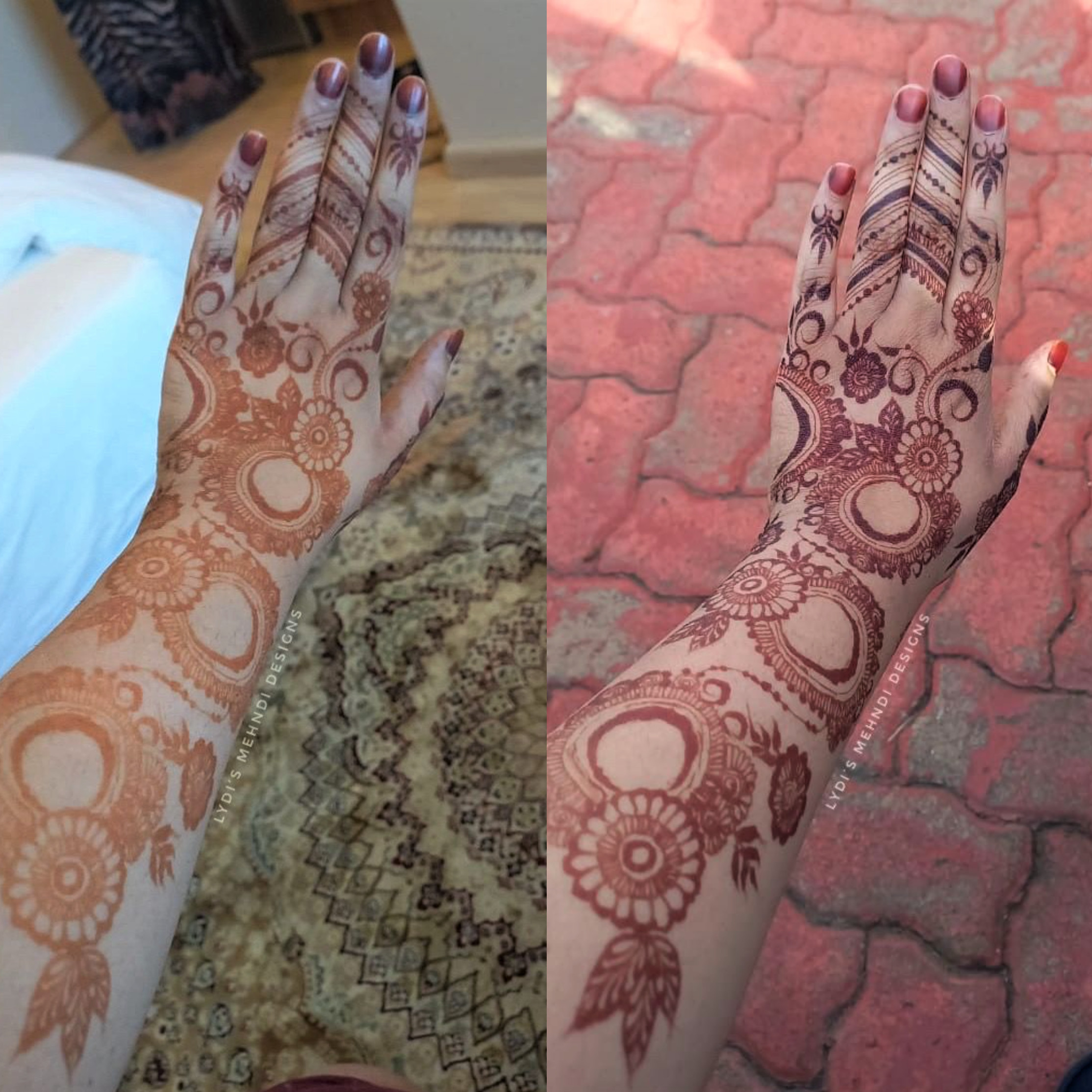 Henna stain progression, showing initial orange color and development to deep reddish-brown.