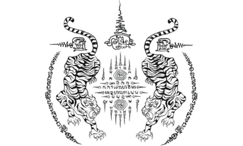 Illustrative Sak Yant tattoo designs, including the popular Thai tiger, showcasing the intricate artistry.