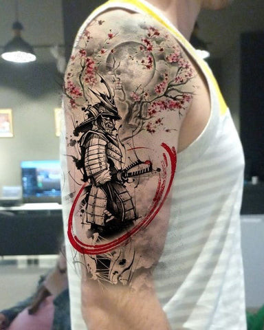 Samurai sleeve tattoo featuring a samurai warrior in armor with cherry blossoms and dragons