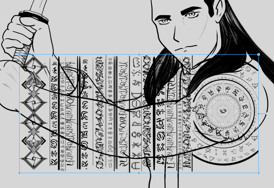 Scaled and rotated tattoo material in approximate position