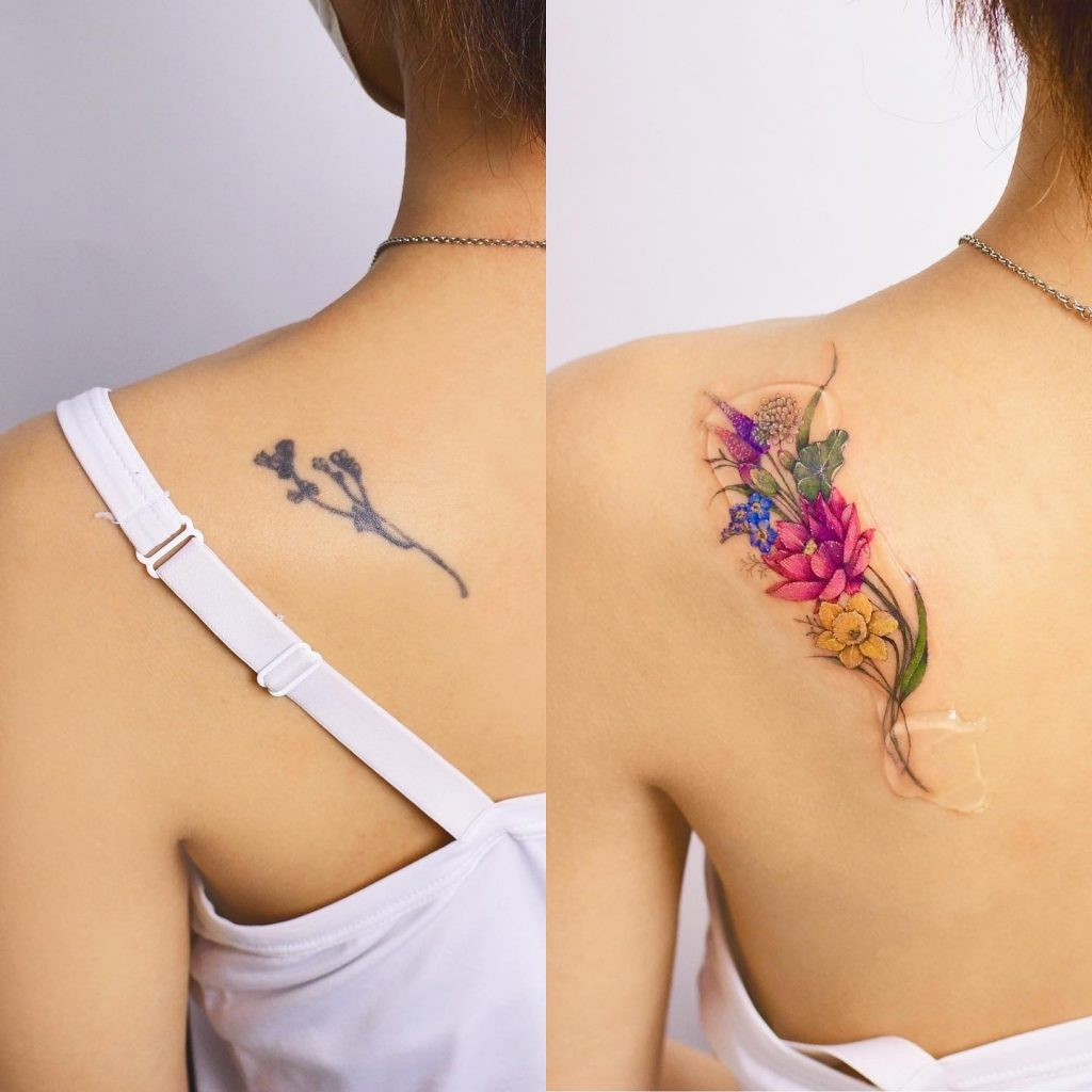 Shoulder cover-up tattoo showcasing Yerae's talent in transforming unwanted tattoos into beautiful floral art.