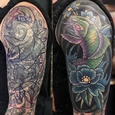 A darker, shaded cover-up tattoo design on a man's shoulder