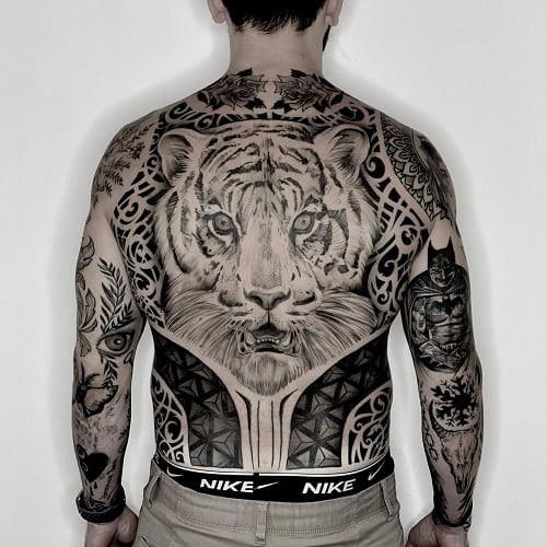 Bold Siberian tiger tattoo in black and grey