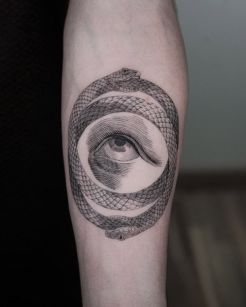 Simple eye outline tattoo on arm, minimalist black ink design for men.