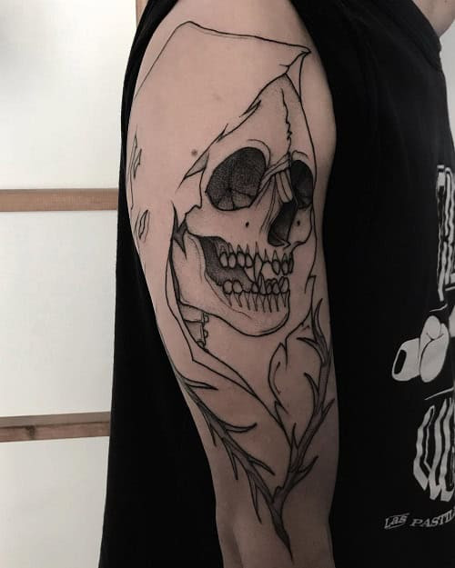 Simple grim reaper outline tattoo on arm, minimalist black ink design for men.