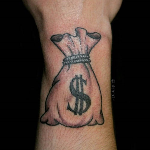 Simple money bag outline tattoo on hand, minimalist black ink design for men.