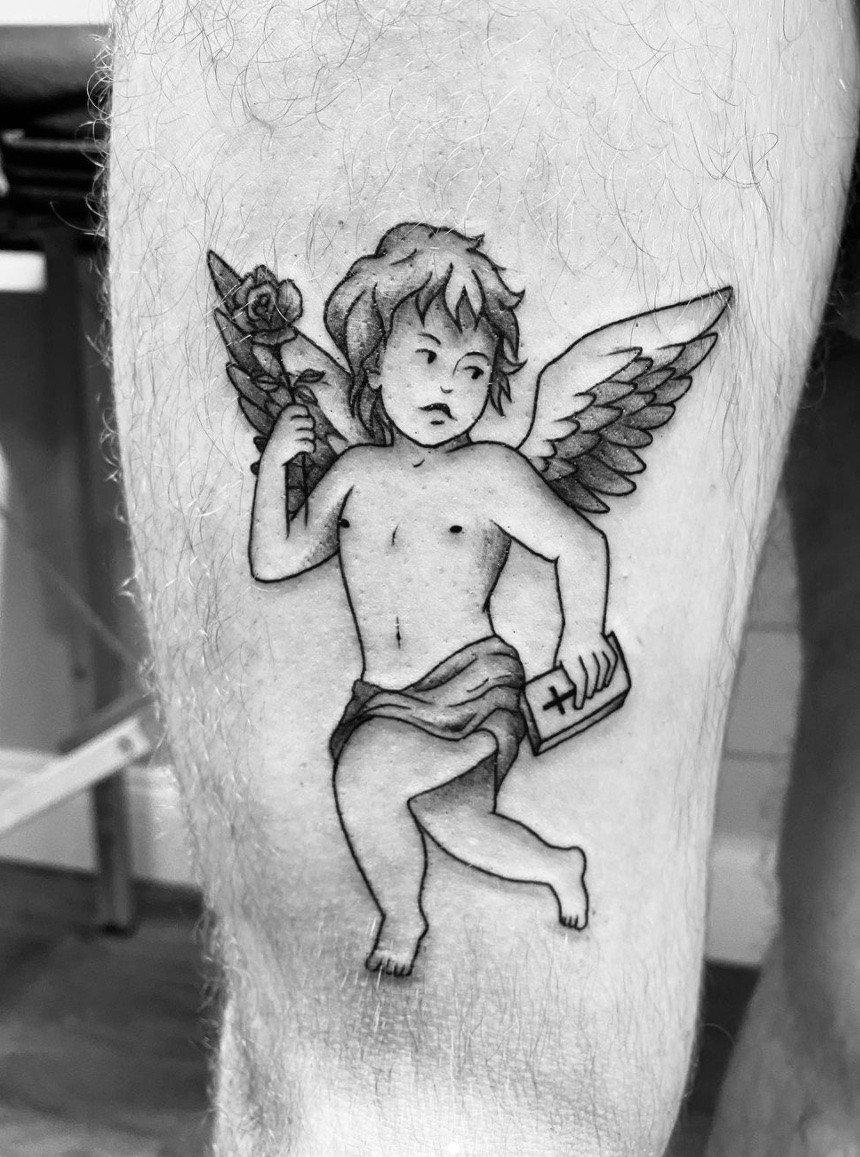 Clean and minimalist simple angel tattoo, emphasizing outlines and understated symbolism.