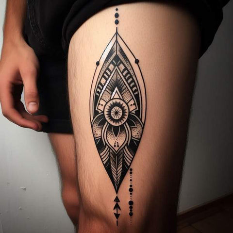 Minimalist small black ink thigh tattoo design for men.