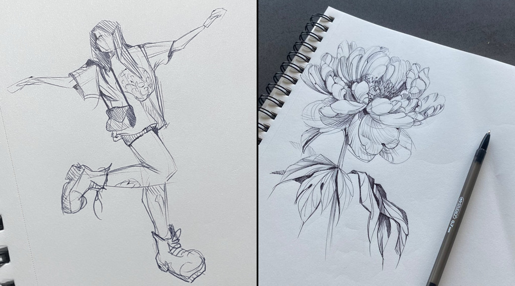 Sketchbook page featuring floral designs by tattoo artist Lu Loram Martin in Toronto