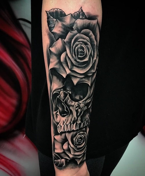 Skull and Rose Forearm Tattoo with Intricate Detail and Shading