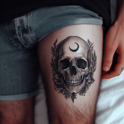 Realistic black and grey skull and roses thigh tattoo for men.