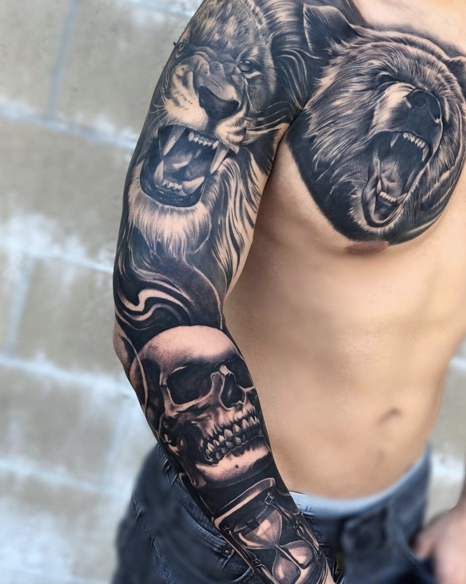 Sleeve Lion Tattoo, full arm sleeve with lion design, expansive and detailed