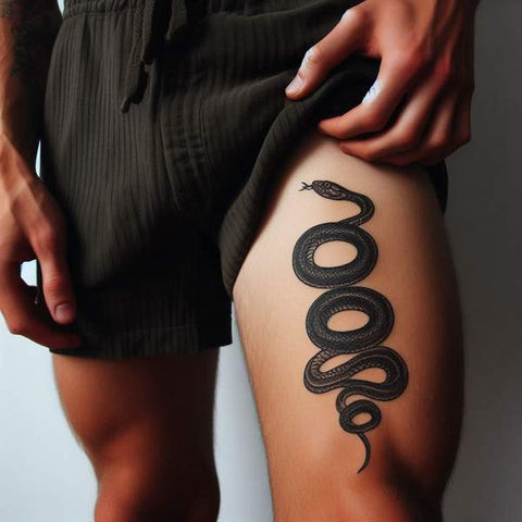 Coiled black snake thigh tattoo for men.