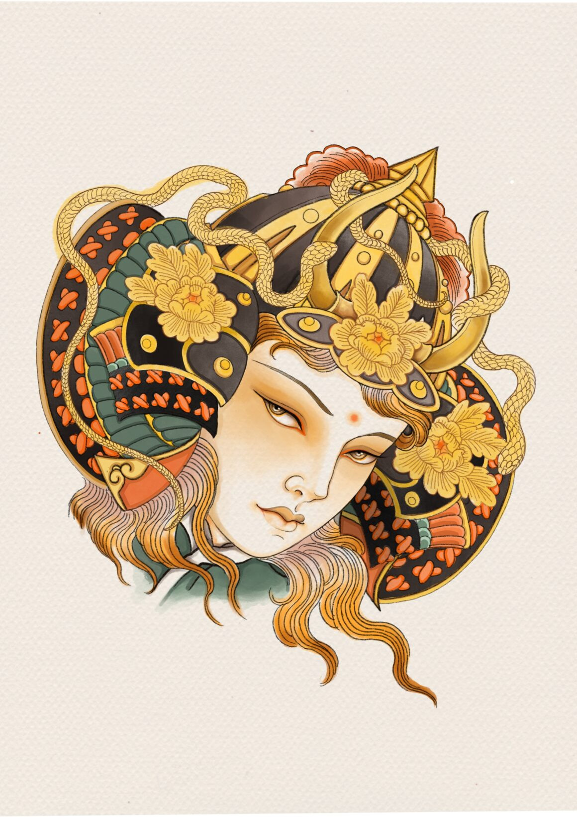 Miss Orange's elegant Japanese-inspired tattoo art, showcasing her mastery of the oriental style.