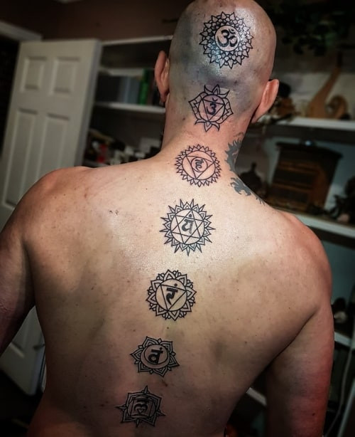 A soul tattoo with abstract and symbolic elements on a man's back, deeply personal