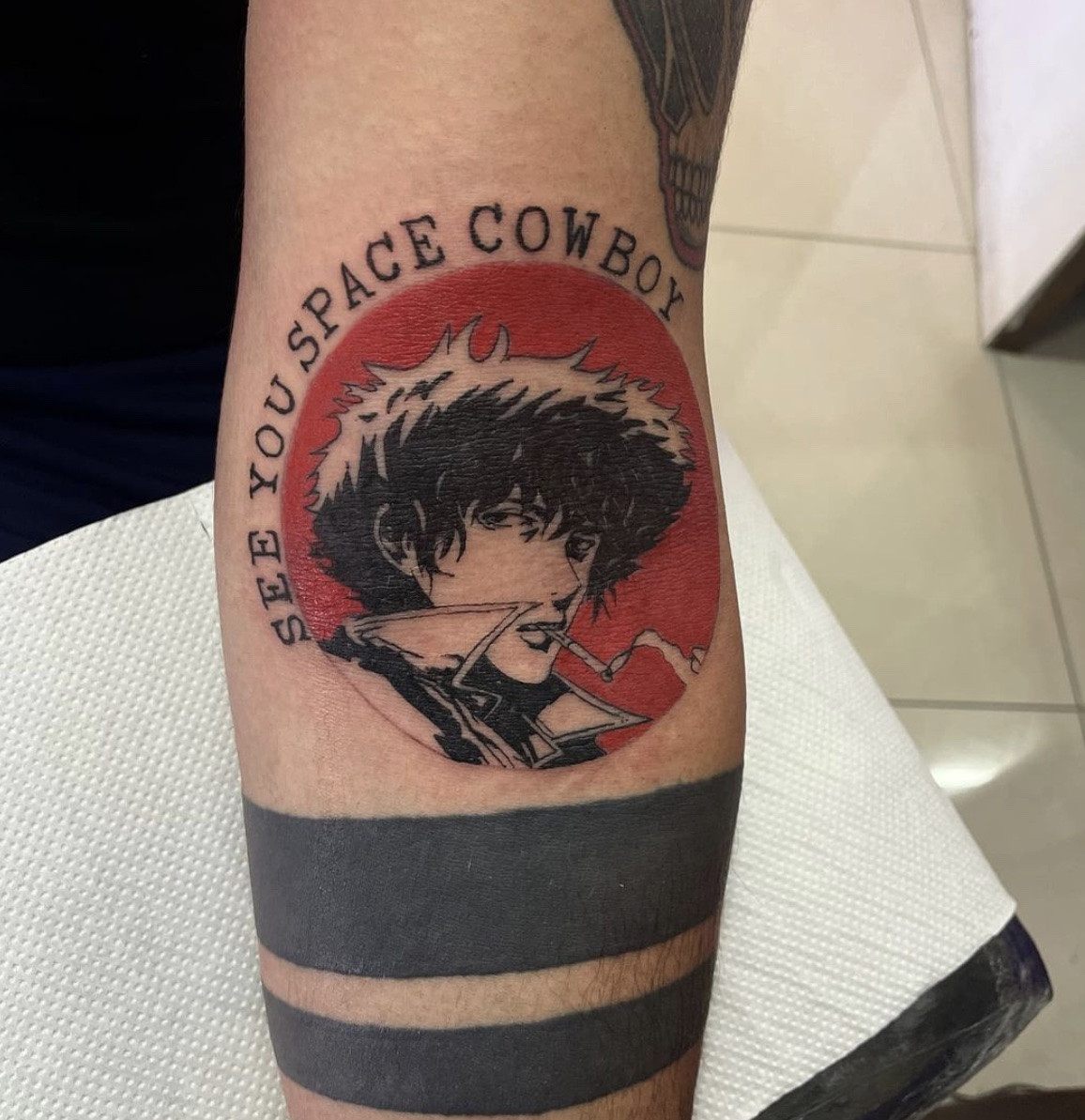 Text-based &quot;See You Space Cowboy&quot; tattoo with star