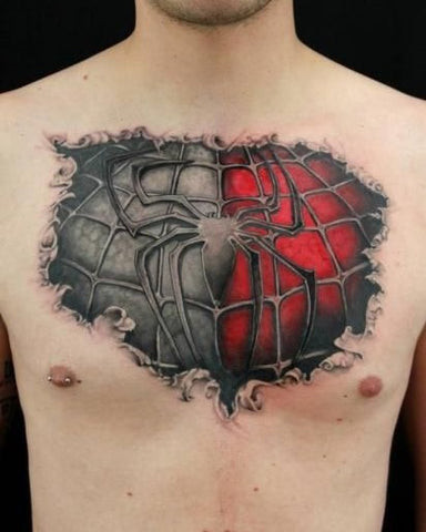 Man with a Spiderman chest tattoo featuring Spiderman in action