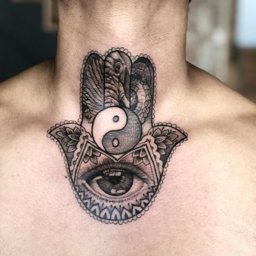 Two spiritual tattoos on men, one on the forearm with a spiritual mandala and another on the arm with a minimalist spiritual symbol.