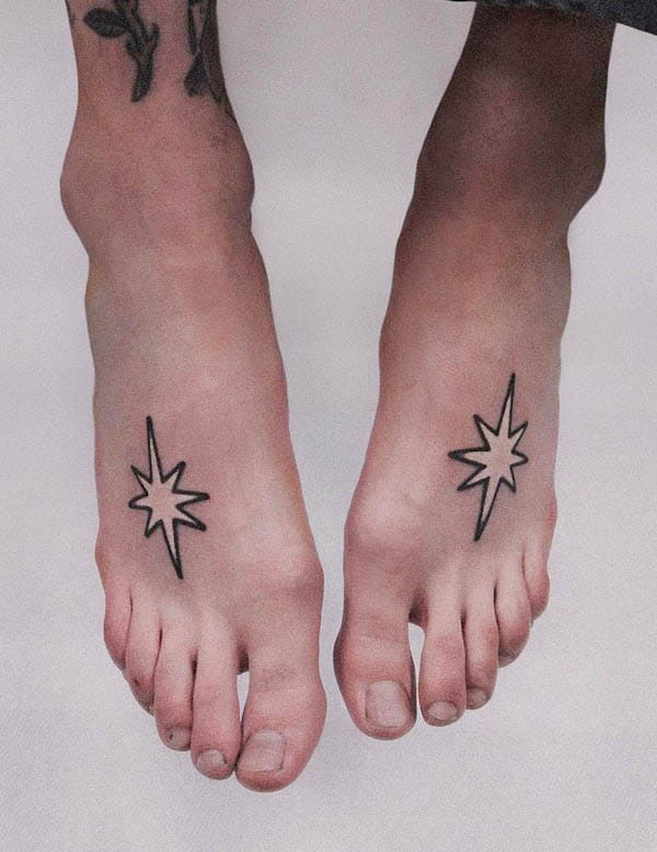 Splash matching foot tattoos, abstract and dynamic designs resembling splashes of ink or water, creating a sense of movement