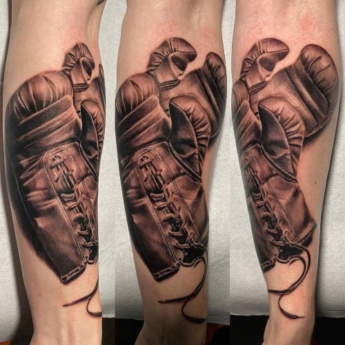 A sports figure portrait tattoo on a man's leg, honoring a favorite athlete