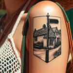 Street corner street sign tattoo on a woman’s upper arm