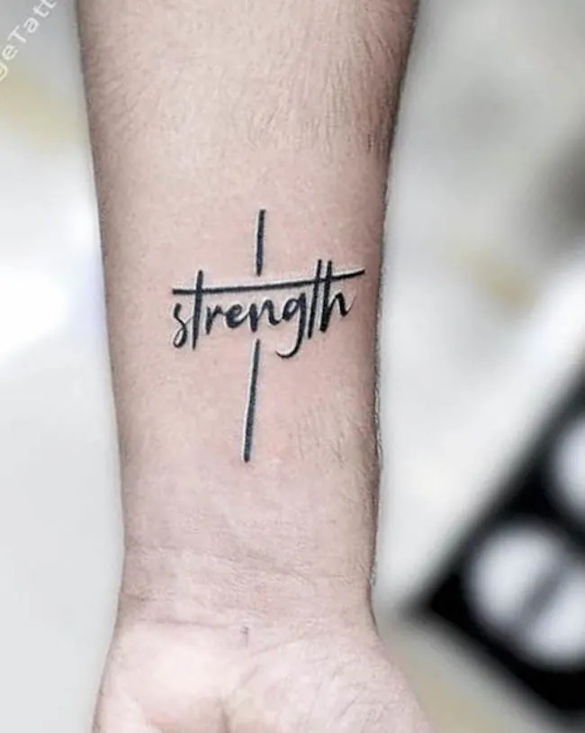 alt text: &quot;Strength&quot; script tattoo with a straight line underneath, symbolizing unwavering resolve, stability, and grounded strength