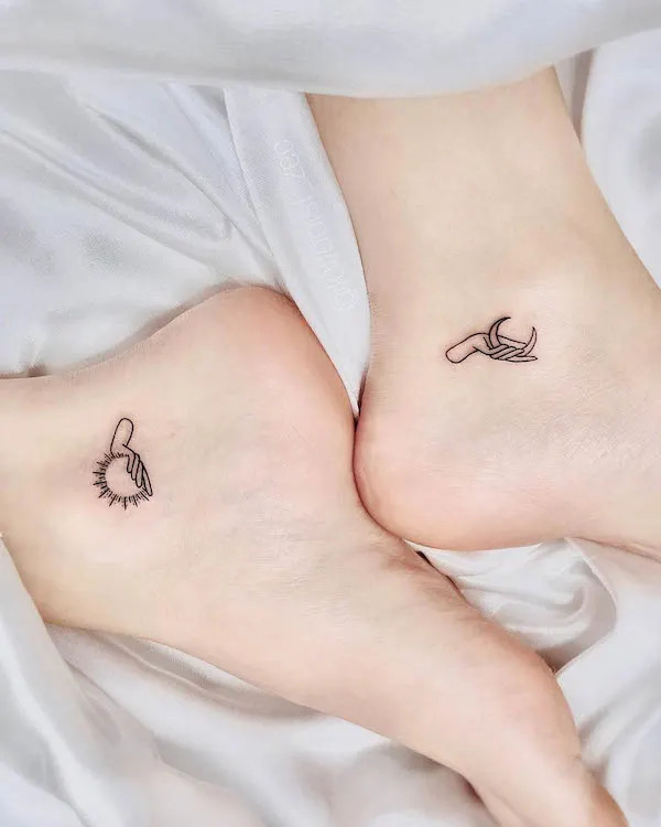 Sun and moon matching foot tattoos, representing complementary personalities, different yet inseparable