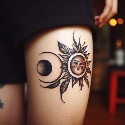 Minimalist sun and moon thigh tattoo design for men.