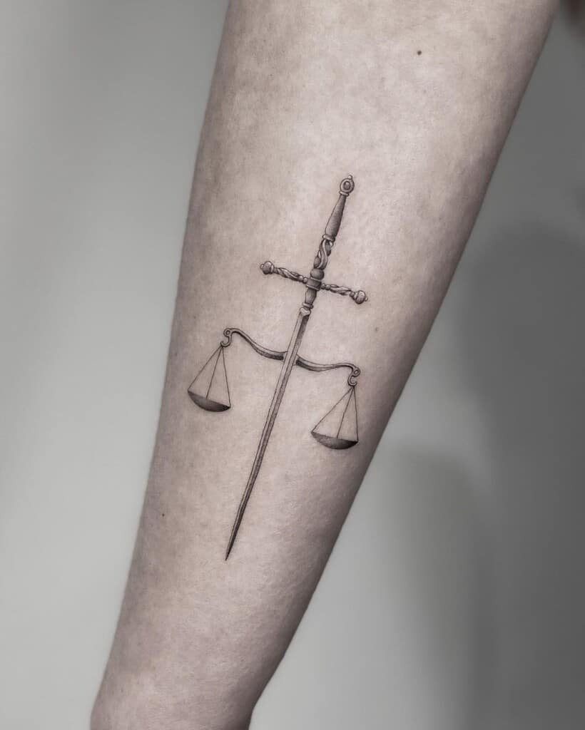 Minimalist line dagger tattoo design, reducing the dagger to its essential lines for a clean and modern look.
