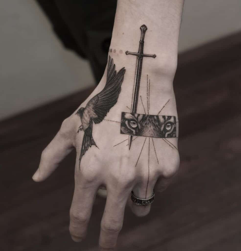 Watercolor dagger tattoo design, employing watercolor techniques to create soft, flowing, and artistic dagger tattoos.