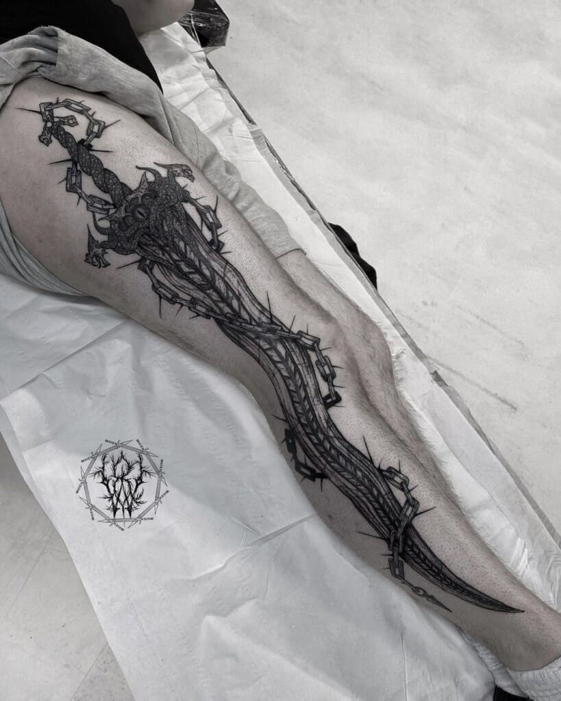 Outline sword tattoo design, focusing on the essential shape of the sword for a simple and elegant representation.