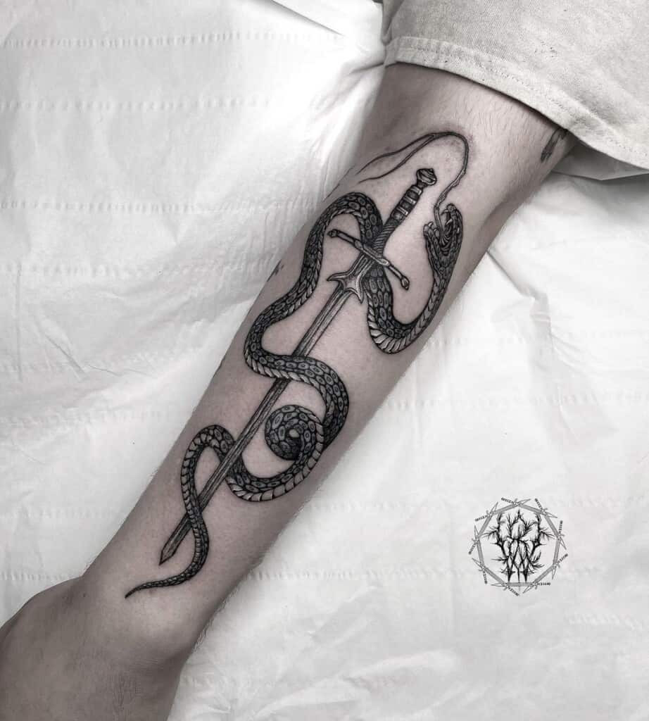 Fantasy sword tattoo design, drawing inspiration from fantasy literature and games, often featuring ornate and magical swords.