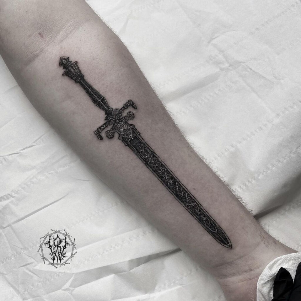 Medieval sword tattoo design, referencing historical medieval swords and armor for a historically accurate and themed tattoo.