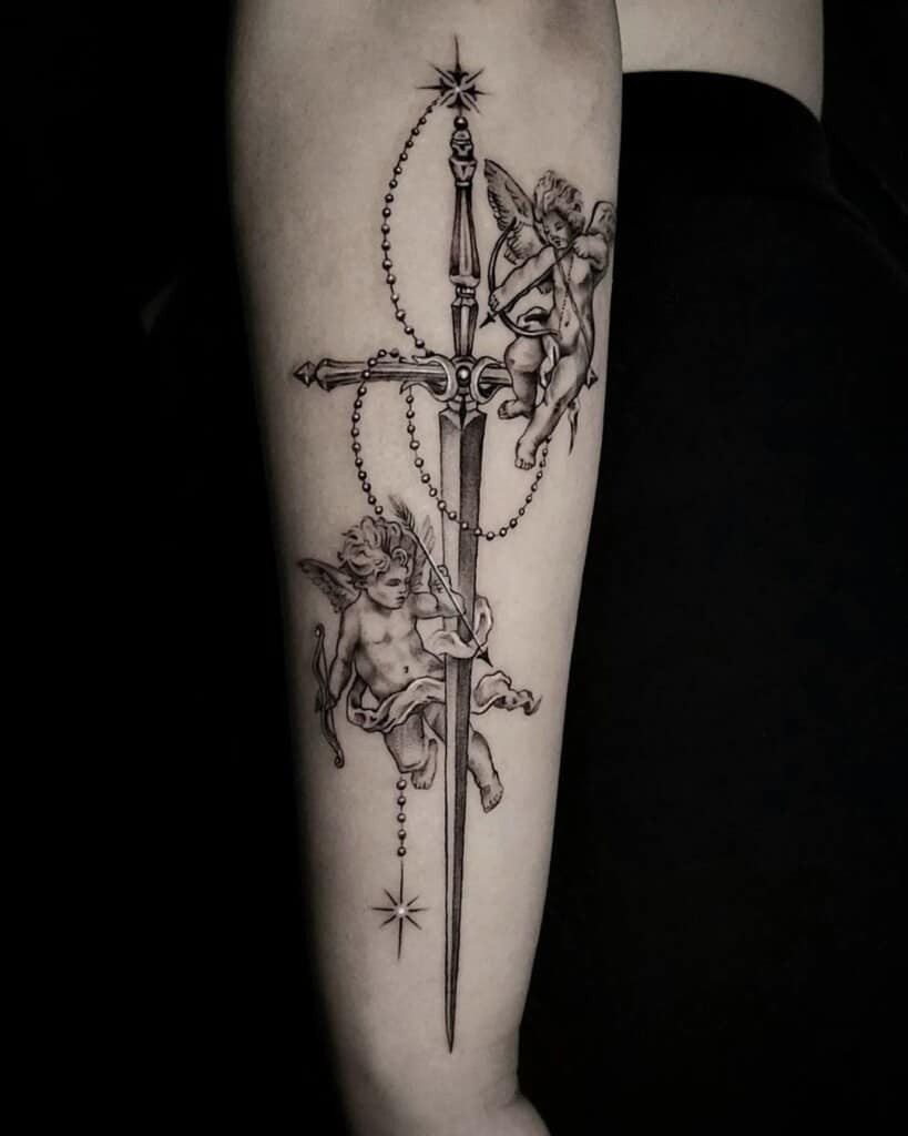 Dark and moody sword tattoo design, utilizing dark shading and dramatic lighting for a powerful and intense visual impact.