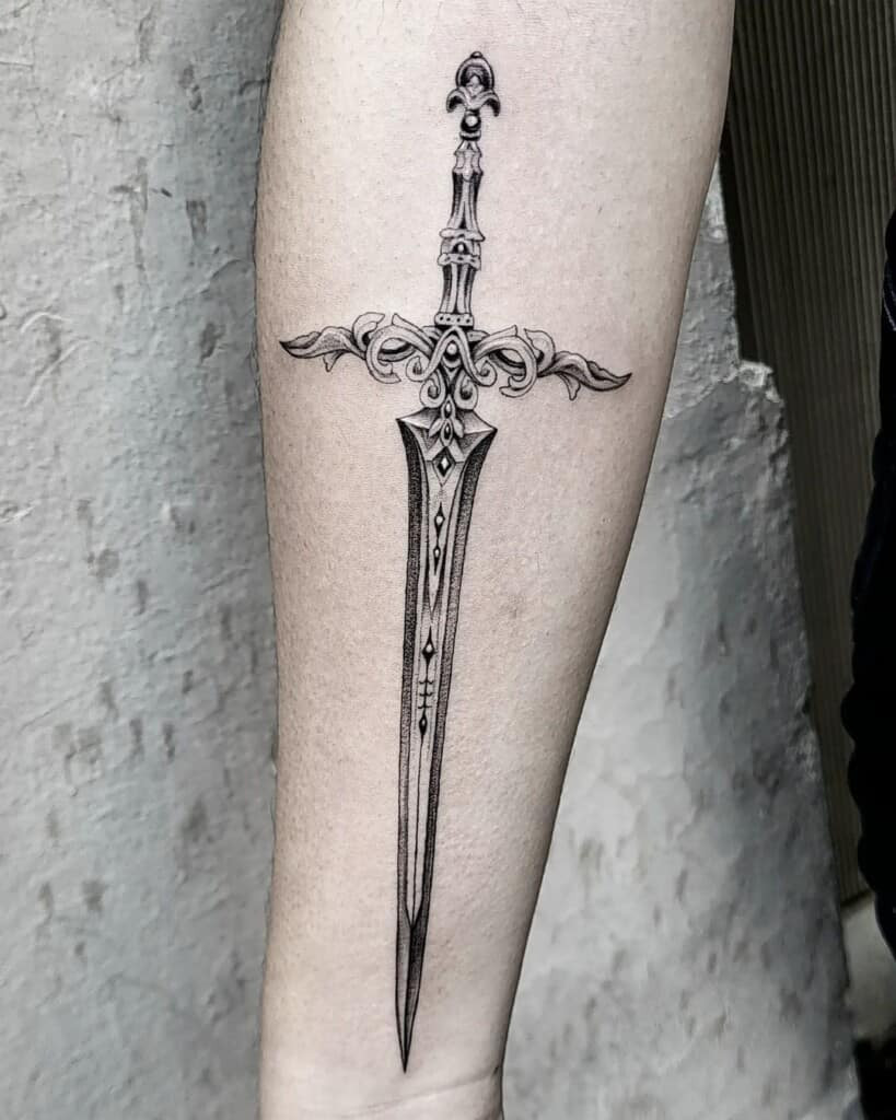 Engraved sword tattoo design, mimicking the look of engravings on metal, adding a historical and artisanal touch.