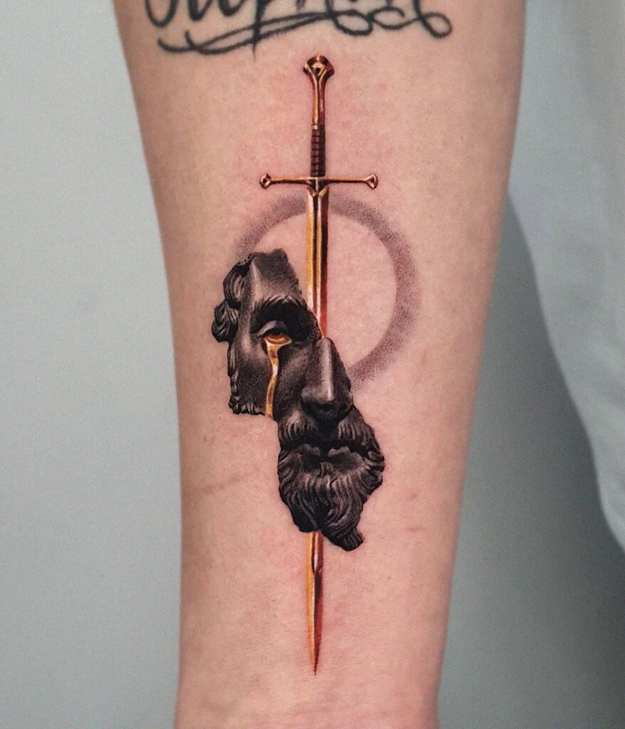 Geometric abstract sword tattoo design, pushing the boundaries of sword representation into abstract and geometric forms.