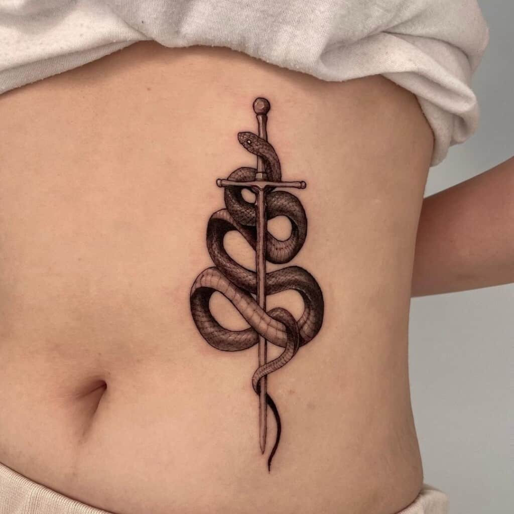 Realistic sword tattoo design, capturing the texture and detail of a physical sword for a lifelike and impactful image.