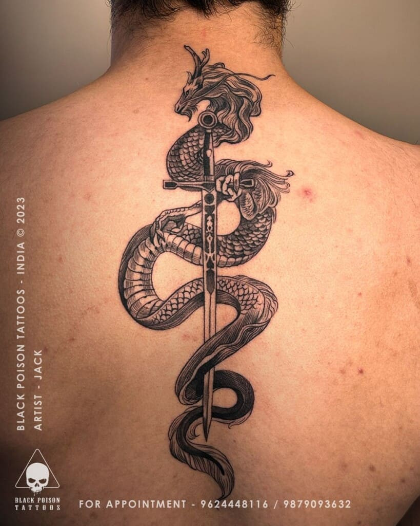 Geometric sword tattoo design, incorporating sharp angles and precise lines for a contemporary and stylized representation of strength.