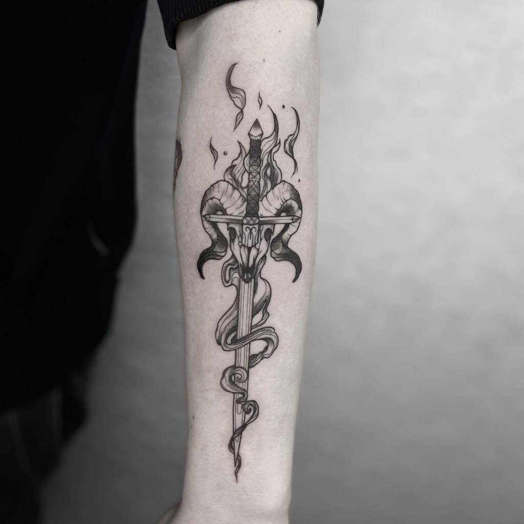 Stylized sword tattoo design, departing from realism to create a unique and artistic interpretation of the sword.