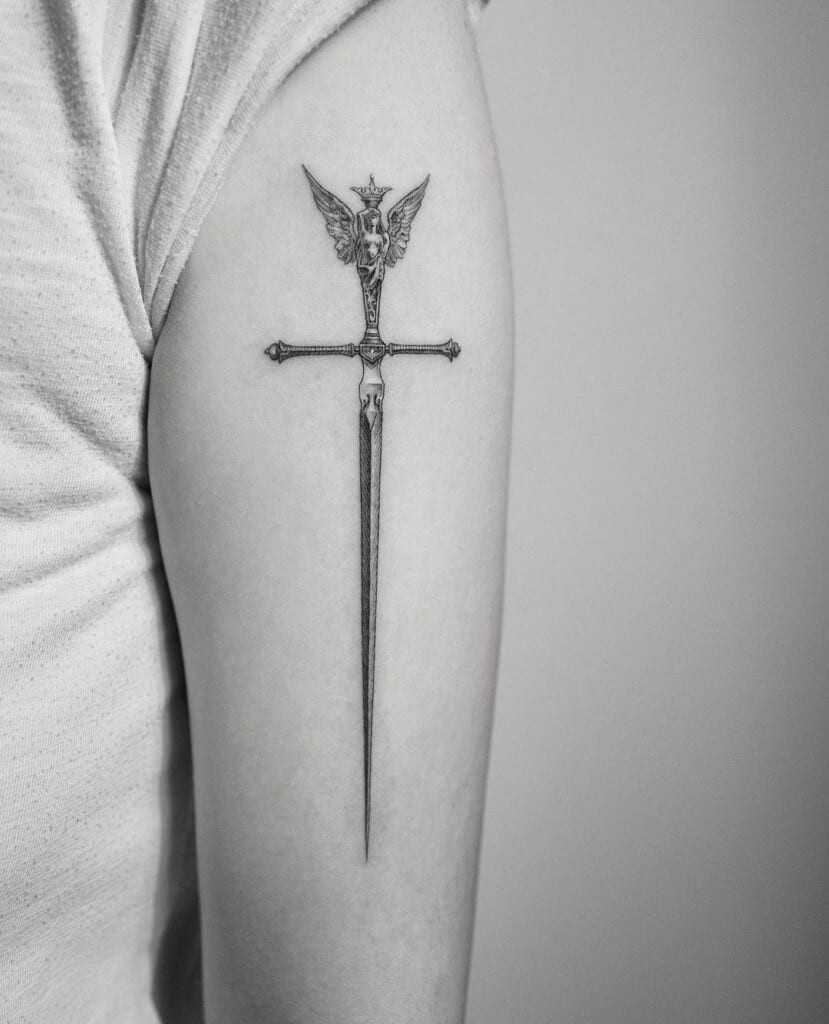 Geometric minimalist sword tattoo design, combining geometric shapes with a minimalist approach for a modern and abstract sword.