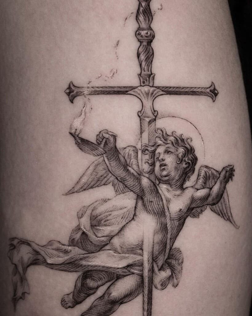 Angel and sword tattoo design representing spirituality, protection, and guidance, combined with strength, power, and justice.