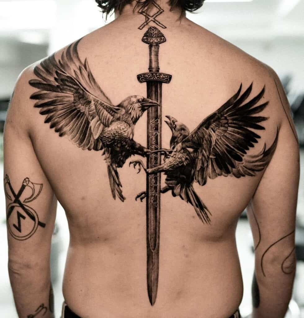 Watercolor sword tattoo design, using soft washes of color to create an artistic and ethereal interpretation of the sword.