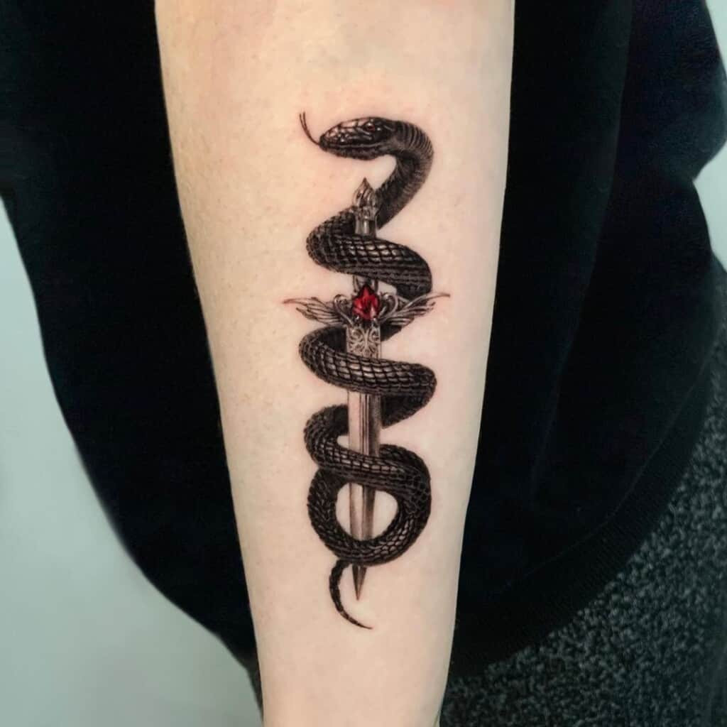 Crossed swords tattoo design, often symbolizing partnership, loyalty, or a memorial to fallen comrades.
