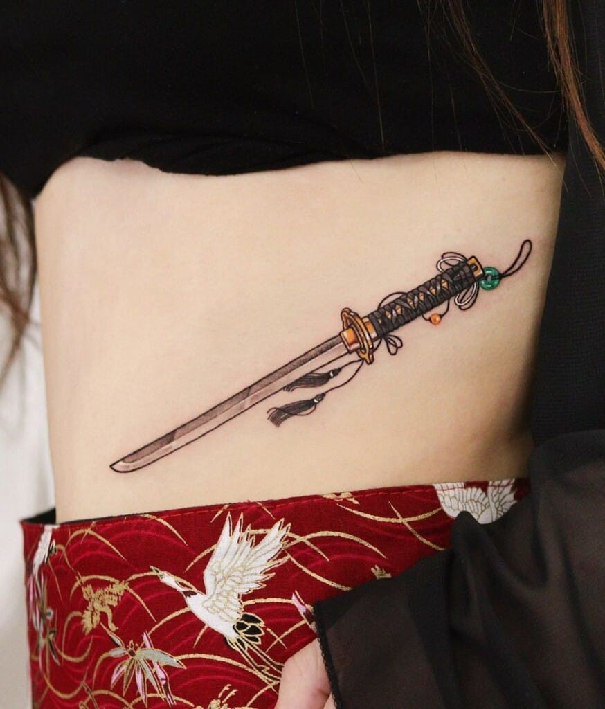 Sword through rose tattoo design, contrasting the sharpness of the sword with the softness of the rose, representing love, pain, and resilience.