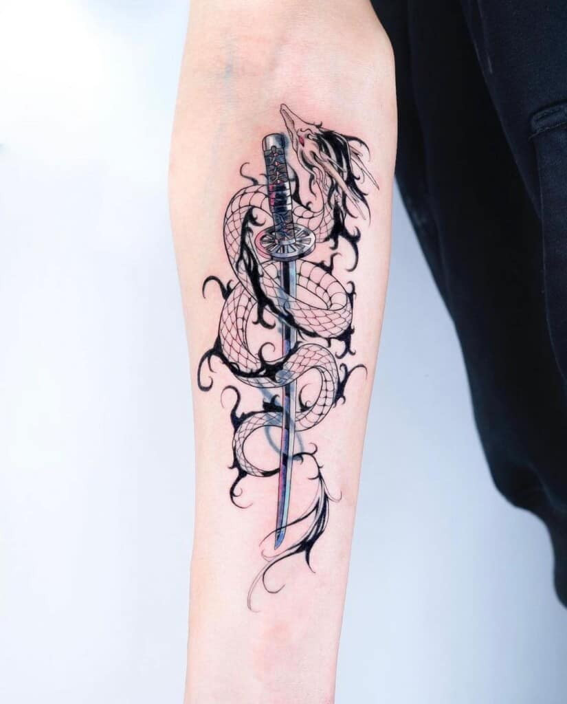 Sword tattoo design showcasing intricate linework and shading, emphasizing the sharpness and power of the blade.