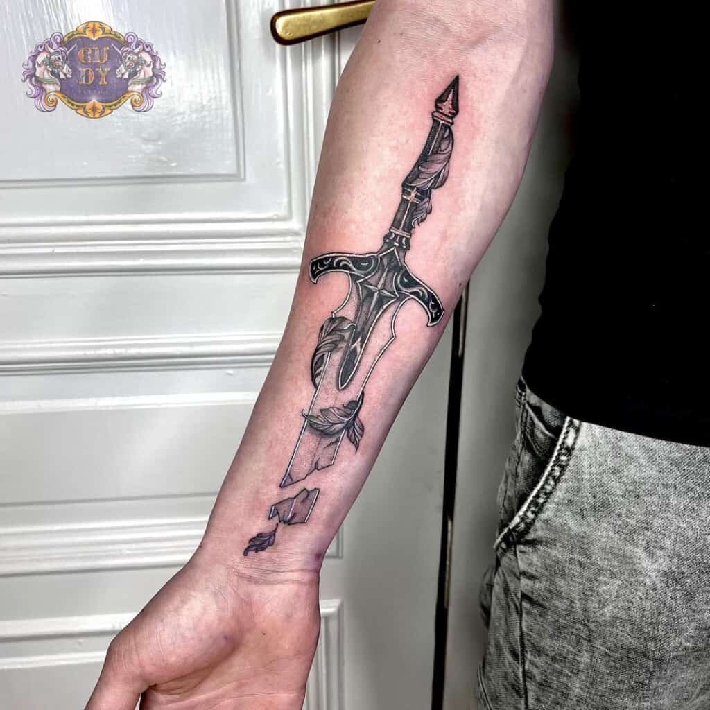 Intricate sword tattoo design, showcasing highly detailed linework and shading, demonstrating the artist's skill and precision.